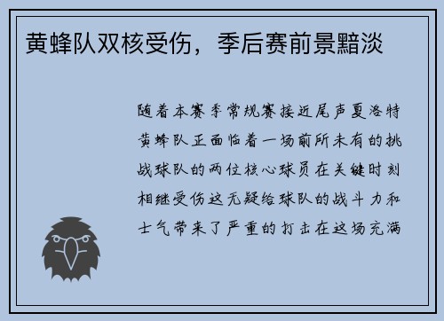 黄蜂队双核受伤，季后赛前景黯淡